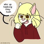 anthro blonde_hair brown_eyes clothing dialogue eyewear female fur glasses hair hoodie humor markings pink_nose red_clothing red_hoodie red_topwear solo spots spotted_body spotted_fur text topwear whiskers white_body white_fur yellow_body yellow_fur ashblondekittyy hawk_tuah_meme ashlyn_summer domestic_cat felid feline felis mammal 1:1 english_text trans_(lore) trans_woman_(lore)