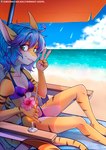 anthro beach beach_background beach_chair beach_umbrella beverage bikini blue_eyebrows blue_hair clothing eyebrows female gesture hair hand_gesture parasol purple_hairtip sea seaside shark_fin shark_tail solo swimwear two-piece_swimsuit v_sign water young midnightgospel jennifer_(mineva) mineva fish marine shark hi_res