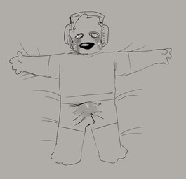 4_fingers anthro barefoot biped bodily_fluids clothed clothing crying cum cum_in_clothing cum_through_clothing cum_through_pants electronics erection erection_under_clothing feet fingers genital_fluids headphones lying male on_back paws solo tears wet wet_clothing peculiart p.bear bear mammal sun_bear ursine 2024 digital_media_(artwork) hi_res monochrome