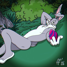 anthro bent_leg buckteeth chest_tuft clothing easter_egg egg fur fur_tuft gloves gloves_only grey_body grey_fur hand_behind_head handwear handwear_only holding_egg holding_object holidays looking_at_viewer lying male mostly_nude multicolored_body multicolored_fur on_back pink_inner_ear pink_nose scut_tail short_tail solo tail teeth tuft two_tone_body two_tone_fur whiskers white_body white_clothing white_fur white_gloves white_handwear fabfelipe easter looney_tunes warner_brothers bugs_bunny lagomorph leporid mammal rabbit 1:1 2026 digital_drawing_(artwork) digital_media_(artwork) hi_res