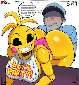 anthro aroused beakless bear_trap_teeth bib big_butt butt clothing doll_joints duo embarrassed evil_grin faceless_character faceless_male female female_anthro hat headgear headwear huge_butt machine male sharp_teeth smile speech_bubble talking_to_another teeth text text_on_bib thick_thighs thong underwear yellow_body tawman_art five_nights_at_freddy's five_nights_at_freddy's_2 scottgames toy_chica_(fnaf) animatronic human mammal robot 2025 absurd_res digital_media_(artwork) english_text hi_res