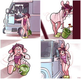 anthro bathing biped brown_hair bucket clothed clothing container door female fingers footwear fully_clothed green_eyes hair holding_bucket holding_container holding_object leotard line_tail long_tail looking_at_mirror looking_at_object mirror morning navel_outline open_mouth opening_door pink_nose purple_clothing shoes short_hair simple_background slippers solo standing tail text thin_tail tired vehicle waking_up washing_face water yawn wick_(artist) maisie_whisk mammal mouse murid murine rodent artist_name comic digital_media_(artwork) hi_res sequence shaded