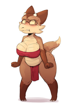 anthro bandeau big_breasts blush bodily_fluids bottomwear breasts bulge clothed clothed_anthro clothed_gynomorph clothed_intersex clothing eyewear front_view glasses gynomorph horn intersex loincloth looking_aside non-mammal_breasts pelvic_curtain red_eyes shortstack shortstack_gynomorph shortstack_intersex simple_background skimpy slightly_chubby solo standing sweat sweatdrop thick_thighs topwear white_background wide_hips yellow_sclera subakitsu kobold scalie 2021 digital_media_(artwork)