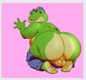 3_toes 4_fingers anthro backsack balls big_butt biped blush border bottomwear bottomwear_down butt clothed clothing feet fingers genitals green_body hat headgear headwear male open_mouth overweight overweight_male pants pants_down partially_clothed pink_background simple_background solo toes white_border jazziseqing jking1200 nintendo star_fox slippy_toad amphibian frog toad_(frog) 2026