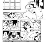 anthro balls belly big_balls censor_bar duo eyes_closed eyewear genitals glasses ineffective_censorship inside kemono male male/male mature_male moobs nipples overweight overweight_male penis sample sitting text motogen canid canine felid mammal pantherine raccoon_dog tanuki tiger 2011 censored comic japanese_text monochrome