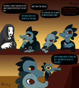anthro clothed clothing dialogue female group multiverse simple_background speech_bubble square_crossover style_emulation text yellow_sclera wolfbaloo night_in_the_woods bea_santello crocodile crocodilian human mammal reptile scalie 2026 comic digital_media_(artwork) english_text hi_res