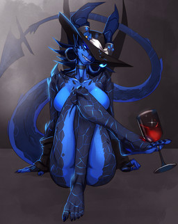 5_toes alcohol anthro arm_support beverage blue_body blue_eyes blue_scales breasts brimmed_hat brown_background butt choker claws clothed clothed_anthro clothed_female clothing container crossed_legs cup drinking_glass ear_piercing ear_ring fangs feet female fingernails flower_accessory glass glass_container glass_cup glowing glowing_eyes grin grinning_at_viewer hat head_tilt headgear headwear horn humanoid_feet jewelry leg_over_knee mature_anthro mature_female mostly_nude mostly_nude_anthro mostly_nude_female nails necklace piercing plantigrade ring_piercing scales simple_background sitting smile smiling_at_viewer spiked_shoulders spiked_tail spikes spikes_(anatomy) straight_arms tail teeth toe_claws toes wine wine_glass wrist_warmers sophs mythology cero dragon mythological_creature mythological_scalie scalie hi_res