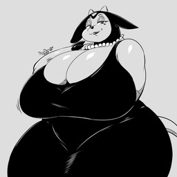 2_horns anthro big_breasts black_nose breasts cleavage cleavage_overflow clothed clothing dress eyelashes female hooves horn huge_breasts hyper hyper_breasts lips long_ears long_tail looking_at_viewer narrowed_eyes overweight overweight_female pupils smile solo tail text thick_thighs wide_hips conditional_dnp digitaldomain123 nintendo pokemon generation_2_pokemon miltank pokemon_(species) 1:1 2025 absurd_res artist_name hi_res monochrome signature