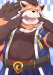 anthro belly blue_eyes blush clothed clothing cute_fangs fangs kemono male one_eye_closed overweight overweight_male solo teeth wink nazebesu_hobby tamacolle suruga_(tamacolle) ailurid mammal red_panda 2024 hi_res