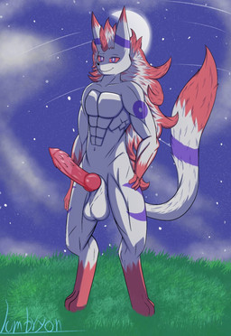animal_genitalia anthro artist_lumbryon canine_genitalia character_night feline_genitalia genitals male muscular night solo nintendo pokemon generation_5_pokemon generation_8_pokemon hisuian_form hisuian_zorua hybrid pokemon_(species) regional_form_(pokemon) zoroark hi_res