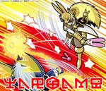 armor duo fur hair headgear helmet humor knight male sport table_tennis warrior white_hair yellow_body yellow_fur bandai_namco digimon digimon_ghost_game animal_humanoid canid canine canis diarbbitmon digimon_(species) humanoid lagomorph lagomorph_humanoid leporid_humanoid mammal mammal_humanoid miragegaogamon rabbit_humanoid wolf official_art