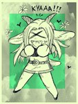 anthro belt biped bottomwear chibi clothing exclamation_point fangs female flower footwear green_background heart_symbol horn kyaa navel open_mouth photo_background plant shoes simple_background skirt smile solo teeth unusual_eyes x_eyes xd bonnie_guerra ambiguous_species mammal hi_res photography_(artwork) restricted_palette