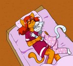 anthro bed black_nose breasts clothing collar duo eyes_closed female female/female fur furniture hair orange_body orange_fur pajamas pillow pink_nose red_hair sleeping whiskers white_body white_fur white_hair young fiona_(artist) fiona_flash floofy_(character) domestic_cat felid feline felis mammal hi_res