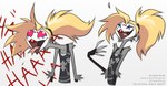 4_fingers ambiguous_gender anthro beak blonde_hair clothing clown_makeup derp_eyes eye_makeup eyes_closed fingers fur grey_body grey_fur hair happy laugh lmao lmfao open_mouth piercing pink_sclera red_beak shirt simple_background slim small_waist smile solo tank_top text tied_hair tongue tongue_out tongue_piercing topwear white_background white_eyes white_face rotarr hazbin_hotel hellaverse helluva_boss fan_character bird_demon goetia owl_demon shaded signature watermark