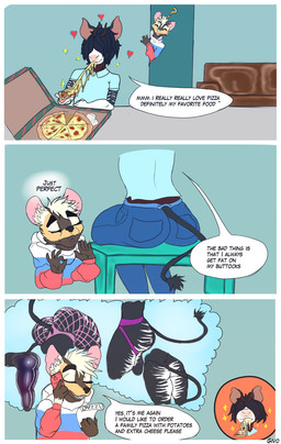 african anthro big_butt black_hair bottomwear butt cheese clothing dairy_products denim denim_bottomwear denim_clothing eating femboy fishnet_clothing fishnet_legwear food furniture hair hair_over_eyes heart_symbol horn humor jeans jockstrap legwear male pants pizza rear_view shirt sitting sofa sparkles stripes text thick_thighs thought_bubble topwear underwear white_hair white_stripes givo jared_(givo) nuru_(givo) canid canine canis domestic_dog giraffid mammal okapi comic english_text hi_res