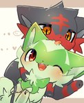 ambiguous_gender duo feral hug licking one_eye_closed open_mouth open_smile paw_holding red_eyes simple_background sitting smile teeth tongue tongue_out wink yellow_eyes reruponzu nintendo pokemon generation_7_pokemon generation_9_pokemon litten pokemon_(species) sprigatito hi_res