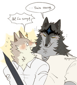 anthro black_body black_fur black_nose blush blush_lines brown_body brown_fur brown_nose clothed clothing dialogue duo embarrassed fur grey_body grey_fur kemono looking_at_another male male/male melee_weapon no_pupils pointy_ears simple_background sword tan_body tan_fur text weapon pegu2726 theo_(pegu2726) victus_(pegu2726) canid canine canis mammal wolf 2026 absurd_res comic english_text hi_res