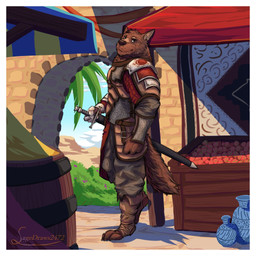 anthro armor barrel border clothed clothed_male clothing day male male_anthro market market_stall melee_weapon outside solo standing stone_wall sword tail text vase wall_(structure) weapon white_border sagedraws2472 lyre_(visual_novel) lyall_(lyre) canid canine canis mammal wolf 1:1 artist_name hi_res
