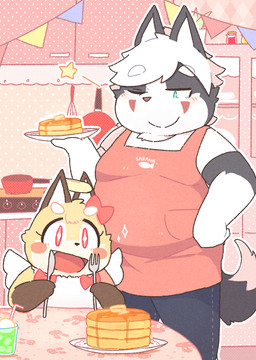 anthro apron brown_body brown_fur butter clothed clothing cutlery dairy_products duo female food fork fur grey_body grey_fur hair kemono kitchen kitchen_utensils knife male one_eye_closed overweight pancake ribbons slightly_chubby tools white_body white_fur white_hair wink young young_anthro rantan_chan tenshi_chan umeda canid canine fox mammal hi_res