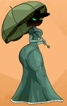 anthro armwear big_butt breasts butt clothing dress elbow_gloves female gloves glowing glowing_eyes green_clothing green_dress green_eyes handwear hat headgear headwear huge_butt long_dress looking_at_viewer looking_back orange_background simple_background solo thick_thighs tight_clothing tight_dress umbrella wide_hips veegoevers adult_swim cartoon_network unicorn:_warriors_eternal june_way canid canine fox mammal 2023 hi_res watermark