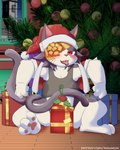 2_tails accidental_holly anthro christmas_clothing christmas_headwear christmas_tree clothing coat costume eye_patch eyewear gift hat headgear headwear holidays holly_(plant) holly_on_tail male multi_tail plant ribbons santa_costume santa_hat solo tail tongue topwear tree mousesix arc_system_works blazblue christmas jubei_(blazblue) domestic_cat felid feline felis mammal 4:5 hi_res