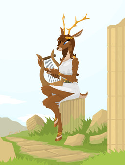 anthro antlers barefoot biped blue_eyes breasts brown_body brown_fur brown_hair clothing column countershading feet female fur grass hair harp hooves horn laurel_wreath lyre mountain musical_instrument outside plant plucked_string_instrument ruins simple_background sitting sky slit_dress solo string_instrument toga unguligrade phlegraofmystery deer mammal hi_res