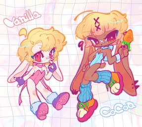 anthro band-aid band-aid_on_face band-aid_on_nose bandage bandage_on_face bandage_on_nose bunny_costume clothing costume duo ear_piercing ear_ring femboy floppy_ears food footwear helix_piercing holding_food holding_object holding_popsicle kemono loose_socks lop_ears male piercing popsicle ring_piercing shoes sneakers text takoya_de lagomorph leporid mammal rabbit character_name hi_res