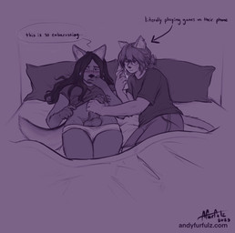 ambiguous_gender anthro balls bangs bed bedding black_hair blanket blush blush_lines bodily_fluids bottomwear breasts casual_sex clothed clothing covered_mouth dialogue directional_arrow distracted distracted_sex duo ear_piercing ear_ring electronics embarrassed eyewear foreskin furniture genitals glasses gynomorph hair handjob humanoid_genitalia humanoid_penis intersex long_hair looking_away lying lying_on_bed motion_lines on_back on_bed onomatopoeia partially_clothed penile penis phone piercing pillow raised_clothing raised_shirt raised_topwear ring_piercing sex shirt shorts simple_background small_breasts sound_effects speech_bubble sweat t-shirt tail text topwear underwear underwear_down whiskers andyfurfulz andy_(andyfurfulz) cass_(andyfurfulz) canid canine canis domestic_cat domestic_dog felid feline felis mammal spitz english_text hi_res monochrome purple_theme signature url nonbinary_(lore) trans_(lore) trans_woman_(lore)
