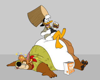 anthro backwards_baseball_cap backwards_hat baseball_cap circling_stars clothing dazed dizzy duo hat head_bump headgear headwear male seeing_stars toony texansoda anatid anseriform avian bear bird duck mammal hi_res