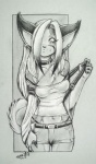 anthro belt bottomwear breasts chest_tuft clothing collar ear_piercing electronics female fur long_sleeves navel navel_piercing navel_ring piercing portable_music_player ring_piercing shorts solo straps tail tuft underwear wide_hips jesonite annie_(jeso) canid canine canis mammal wolf 2005 greyscale monochrome sketch