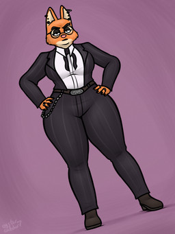 alternative_fashion anthro clothed clothing ear_piercing eyeshadow eyewear female frown fully_clothed glasses goth hands_on_hips makeup piercing pink_nose solo suit thick_thighs oystercatcher7 dreamworks the_bad_guys diane_foxington canid canine fox mammal red_fox true_fox hi_res signature