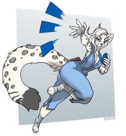 anthro asian_clothing attack big_tail blue_eyes breasts card clothed clothing east_asian_clothing female fluffy fluffy_tail fur hair holding_object japanese_clothing kimono kimono_only long_tail looking_at_viewer markings motion_lines pose simple_background smile solo spots spotted_body spotted_fur spotted_markings spotted_tail tail tail_markings white_body white_fur cerezo felid mammal pantherine snow_leopard digital_media_(artwork) hi_res