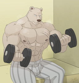 abs anthro biceps bodily_fluids bottomwear brown_nose chest_scar claws clothed clothing exercise fur grey_bottomwear grey_clothing grey_pants male muscular muscular_anthro muscular_male navel nipples pants pecs scar shirtless simple_background sitting solo sweat sweatdrop topless tufted_fur weightlifting workout jabuhusky beastars riz_(beastars) bear brown_bear mammal ursine absurd_res hi_res