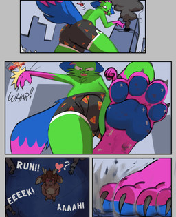 anthro city city_destruction cityscape clothed clothing crush death destruction dirty dirty_feet extreme_size_difference fatal feet foot_fetish foot_focus foot_play genocide group macro male male/male pawpads paws size_difference soles stomping stuck_to_foot trampling underfoot underwear underwear_only alwhiteberry don't_touch_my_pizza_(meme) nyanwolf kevin_(nyanwolf) deer mammal absurd_res comic hi_res