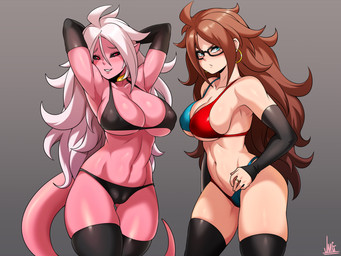 armwear big_breasts black_sclera bra breasts brown_hair butt butt_from_the_front camel_toe cleavage clothed clothing digit_ring duo ear_piercing ear_ring elbow_gloves eyelashes eyewear female finger_ring fully_clothed glasses gloves gradient_background grey_background hair handwear humanoid_pointy_ears jewelry legwear long_hair looking_at_viewer navel nipple_outline not_furry panties piercing pink_body pink_skin pointy_ears red_eyes ring ring_piercing simple_background thigh_gap thigh_highs underwear white_hair jmg dragon_ball dragon_ball_fighterz android_21 majin_android_21 alien alien_humanoid human humanoid majin mammal hi_res