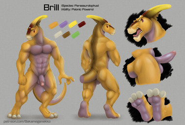 3_toes 5_fingers abs anthro balls biceps butt erection feet fingers flaccid genitals green_eyes horn humanoid_genitalia humanoid_penis male markings mouth_shot multicolored_body muscular muscular_anthro muscular_male nude open_mouth orange_body pecs penis solo tail text toes two_tone_body bakameganekko brill_(vedrax) dinosaur hadrosaurid ornithischian ornithopod parasaurolophus prehistoric_species reptile scalie absurd_res hi_res model_sheet url