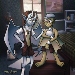3_toes accessory bald bedroom bottomwear bow_tie brown_hair clothed clothing collared_shirt duo fangs feet flat_cap footwear gargoylech green_body green_skin grey_body grey_skin hair hat headgear headwear inside male male/male necktie pointy_ears shirt shorts socks standing suspenders tail teeth toes topwear window wings wooden_box wristband nanich nanicharts disney gargoyles lexington_(gargoyles) gargoyle humanoid tailed_humanoid winged_humanoid colored digital_media_(artwork) hi_res shaded