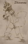 anthro biped breasts butt camel_toe clothed clothing ear_piercing ear_ring feet female hindpaw kneeling looking_at_viewer looking_back nipples panties paws piercing ring_piercing side_boob solo tail topless underwear silber shivarou canid canine mammal