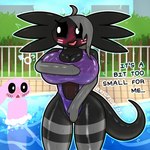 ahoge anthro bangs barely_visible_genitalia barely_visible_penis big_breasts biped black_body black_sclera black_tail blush breasts cleavage clothed clothing covering covering_self crossgender dialogue duo eyebrows female front_view ftm_crossgender gender_symbol genitals glistening glistening_body grey_hair hair huge_breasts looking_at_another male male_symbol markings mitten_hands monotone_body mtf_crossgender nipple_outline non-mammal_breasts nude open_mouth open_smile outside partially_submerged penis pink_body pool raised_inner_eyebrows small_waist smile solo_focus standing striped_markings stripes symbol tail text thick_thighs tight_clothing water white_eyes wide_hips oxyoxyoxyox licorice_(oxyoxyoxyox) marshmallow_(oxyoxyoxyox) amphibian axolotl lagomorph leporid mammal marine mole_salamander rabbit salamander 1:1 2023 artist_name digital_drawing_(artwork) digital_media_(artwork) english_text hi_res