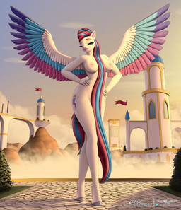 anthro areola banner big_breasts blue_body blue_feathers blue_hair breasts building castle cloud colored_nails cutie_mark detailed_background door eyebrows eyeliner feathers female fetlocks fingernails flag flag_(object) fur grass grey_fingernails grey_hooves grey_nails hair hair_between_breasts hair_covering_crotch hands_on_hips hands_on_own_hips hooves lips long_hair makeup mountain multicolored_body multicolored_feathers multicolored_hair multicolored_tail nails narrowed_eyes nipples nude nude_anthro nude_female path pink_body pink_eyebrows pink_feathers pink_hair pink_lips plant purple_body purple_feathers shrub sky slim small_waist smile solo spread_wings sunset tail teeth thick_thighs tree white_body white_fur window wings clearvision hasbro mlp_g5 my_little_pony mythology zipp_storm_(mlp) equid equine mammal mythological_creature mythological_equine pegasus absurd_res hi_res