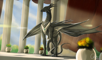 clothed clothed_feral clothing cloud female feral horn horn_jewelry horn_ring jewelry light long_tail necklace outside palace plant ring_(jewelry) shrub solo sunlight tail walking aiko_stable mythology dragon mythological_creature mythological_scalie scalie hi_res signature