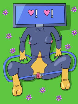 2_toes 3_fingers anthro arm_support black_body black_fur bodily_fluids breasts cable_tail clitoral_hood clitoris electronics feet female fingers for_a_head fur genital_fluids genitals heart_eyes heart_symbol leaning_on_elbow lying multi_tail nipples on_back screen screen_face solo spread_legs spread_vulva spreading tail television toes urethra vaginal_fluids vulva yellow_body yellow_fur sir_spamington cassette_beasts cat-5_(cassette_beasts) felid feline mammal object_head screen_head tv_head 3:4 absurd_res hi_res