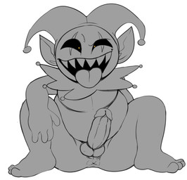 anus balls biped erection genitals humanoid_genitalia humanoid_penis looking_at_viewer male not_furry overweight overweight_humanoid overweight_male penis sharp_teeth simple_background solo spreading teeth white_background jerseydevil deltarune undertale_(series) jevil_(deltarune) darkner humanoid imp 2018 hi_res line_art