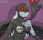 bandai_namco bogleech bone breasts chain clothing demon digimon digimon_(species) fangs female gloves grin handwear humanoid ladydevimon mask membrane_(anatomy) membranous_wings not_furry purple_background red_eyes simple_background skull smile solo teeth text url wings