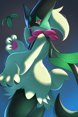 3_fingers ambiguous_anthro ambiguous_gender anthro claws finger_claws fingers flower flower_mane fur green_body green_fur green_tail leaf light looking_at_viewer looking_down looking_down_at_viewer mouth_closed nude nude_ambiguous nude_anthro pawpads paws pink_eyes pink_flower pink_nose pink_pawpads plant pupils short_tail slit_pupils solo tail rumine nintendo pokemon elemental_creature felid feline flora_fauna generation_9_pokemon mammal meowscarada pokemon_(species) 2025 2:3 hi_res lighting shaded