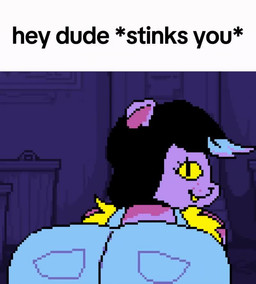 anthro bent_over big_butt black_hair blue_highlights butt butt_focus butt_jiggle butt_ripples caption clothed clothing eyelashes fangs fart fart_fetish farting_at_viewer female fur hair highlights_(coloring) huge_butt jiggling looking_at_viewer looking_back looking_back_at_viewer narrowed_eyes overalls presenting presenting_hindquarters pupils purple_body purple_fur rear_view slit_pupils solo straining talking_to_viewer teeth text yellow_sclera dreamy_toots sound_warning hey_dude_hypnotizes_you undertale undertale_(series) catty_cattenheimer domestic_cat felid feline felis mammal 2025 animated digital_media_(artwork) english_text meme pixel_(artwork) pixel_animation short_playtime sound unavailable_at_source video