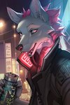 5_fingers anthro beverage beverage_can city clothed clothing cyberpunk detailed_background electronics fingers futuristic headphones holding_beverage holding_object jacket male night open_mouth outside sign solo topwear wildering cd_projekt_red cyberpunk_2077 shreddy_(shreddyfox) canid canine fox mammal 2021 2:3 digital_media_(artwork) hi_res shaded