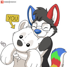 anthro black_body black_fur blue_ears blue_nose blue_tail closed_smile eyes_closed eyewear fur glasses green_tail hug hugging_object hugging_plushie logo male male_anthro markings mouth_closed nude plushie rectangular_glasses red_ears red_tail smile solo striped_markings striped_tail stripes tail tail_markings white_body white_fur white_tail yellow_tail young young_anthro young_male pandapaco canid canine mammal 1:1 artist_logo signature