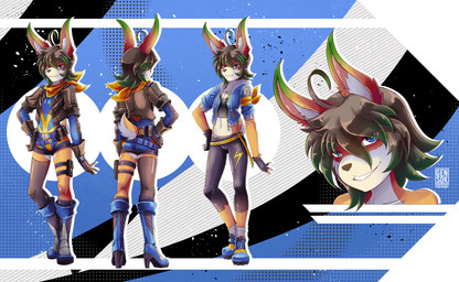 alternate_species anthro black_clothing black_hair black_legwear black_thigh_highs blue_eyes boots brown_body brown_fur clothed clothed_anthro clothed_male clothing crossgender femboy footwear ftm_crossgender fur green_highlights hair high_heeled_boots high_heels highlights_(coloring) jacket legwear looking_at_viewer male multicolored_body multicolored_fur multicolored_hair scarf scut_tail shoes short_tail solo standing superhero tail thigh_highs topwear two_tone_body two_tone_fur two_tone_hair white_body white_fur yellow_scarf genso-x stormwave_(character) lagomorph leporid mammal rabbit 2024 hi_res model_sheet