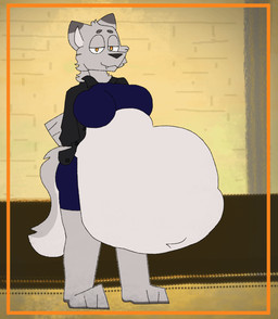 anthro belly belly_reduction big_belly big_breasts black_nose blue_bottomwear blue_clothing blue_crop_top blue_shirt blue_shorts blue_topwear blush bottomwear breast_expansion breasts burping clothing crop_top digestion expansion fatal_vore female fur grey_body grey_fur hands_behind_back huge_belly jacket leather leather_clothing leather_jacket leather_topwear looking_at_viewer looking_pleasured midriff rapid_digestion same_size_vore shirt shorts solo standing swaying tail topwear under_boob vore weight_gain yellow_eyes jackalate rayne_(antillion123) canid canine canis mammal wolf 2026 2d_animation animated digital_media_(artwork) flat_colors frame_by_frame hi_res